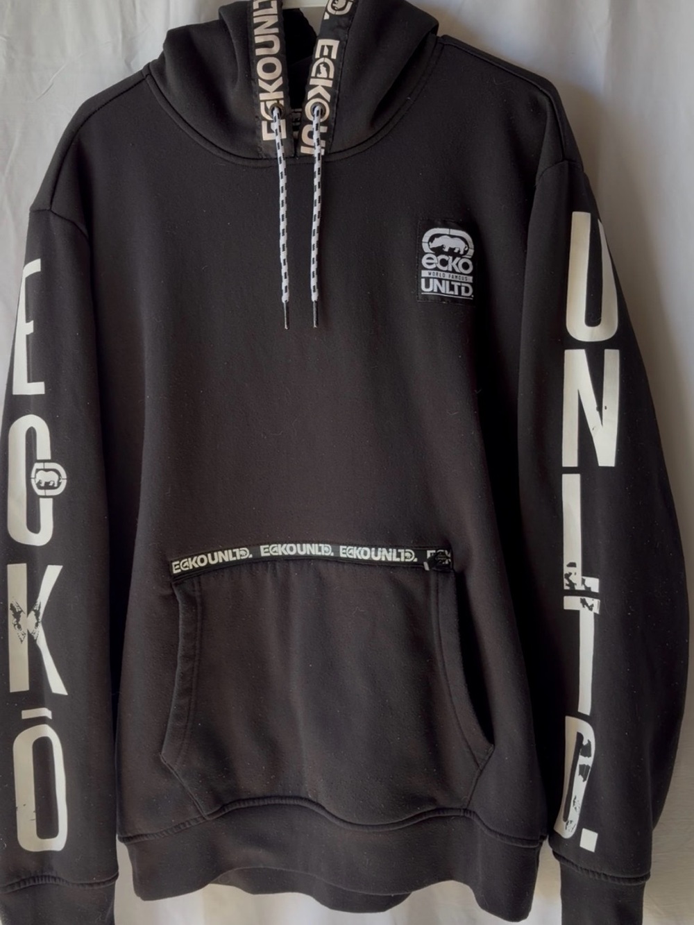 Ecko Unlimited Black Hoodie with White Logo and Sleeve Lettering